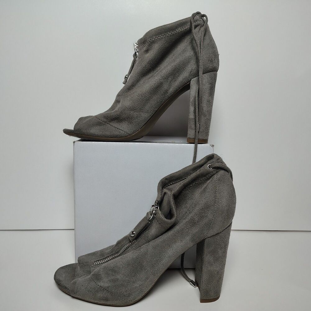 G By Guess Gray Faux Suede Open Toe Decor Block Heel Booties Front Zip Womens 8M
